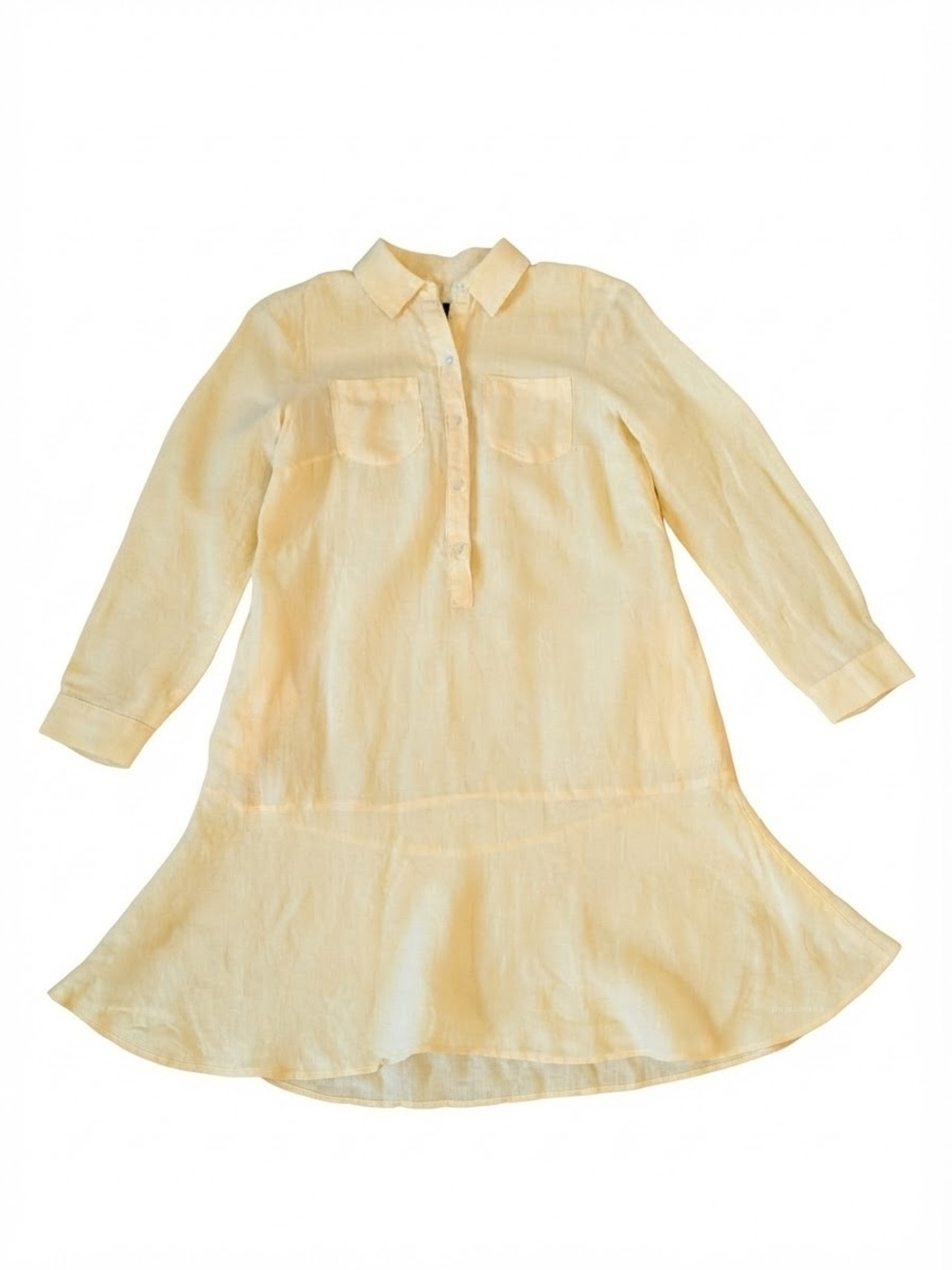 Talbots 100% Linen Yellow Drop Waist Ruffle Hem Long Sleeve Shirt Tunic Dress SP